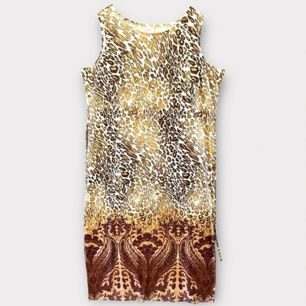 JMS Just My Size Leopard Print Damask Border Scoop Neck Sleeveless Shift Dress‎